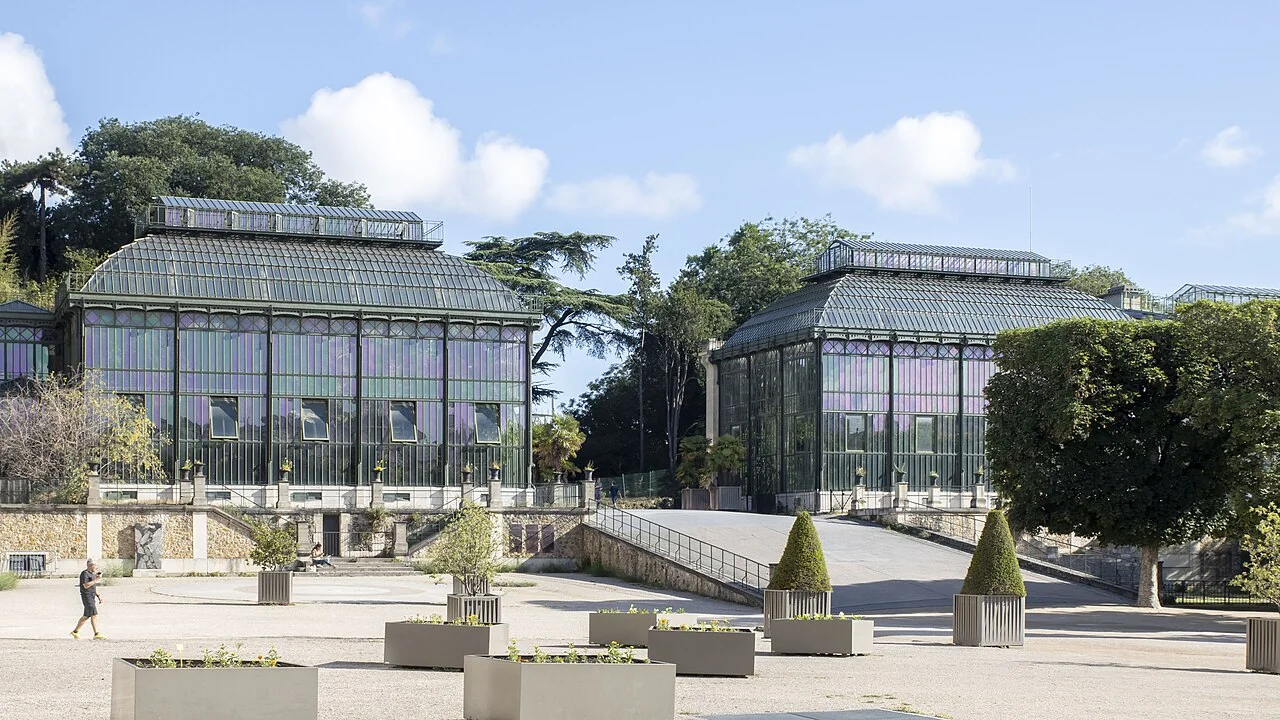 Grandes Serres du Jardin des Plantes, structure vitrée et végétation.