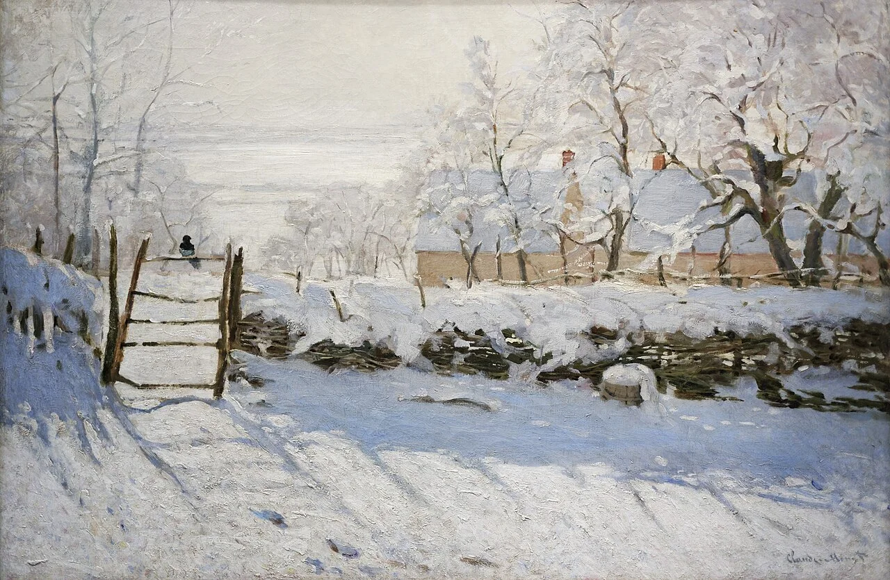 La Pie de Claude Monet : paysage enneigé et oiseau posé sur une barrière.